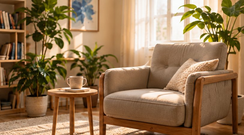 Sillón de consulta en una sala luminosa y acogedora, con plantas y una mesa auxiliar.