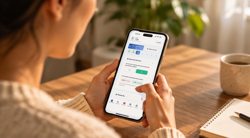 Manos de una persona completando su ficha diaria en la app de Pryxis desde el teléfono, con luz cálida.