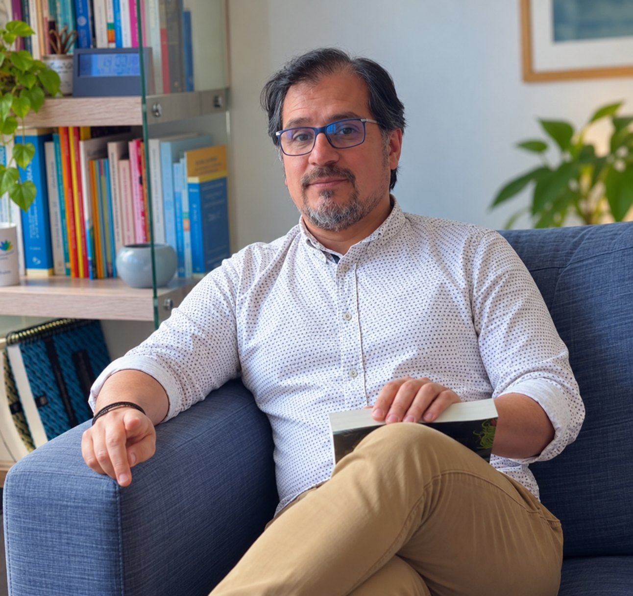 Nelson Rojas Gallegos, psicólogo clínico y terapeuta DBT, sentado en un sillón de su consulta junto a una biblioteca.