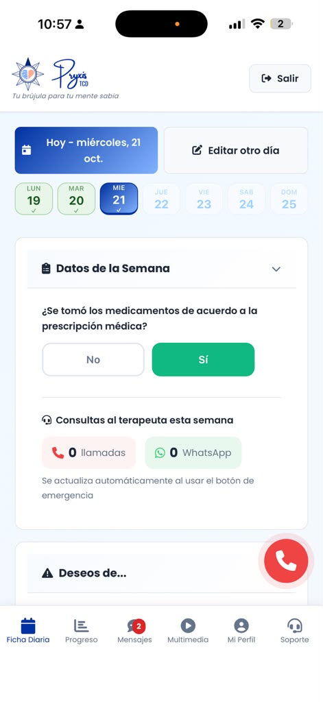 App del consultante en Pryxis: ficha diaria con los días de la semana, datos de la semana, consultas al terapeuta y botón de emergencia.